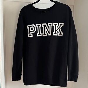 PINK black crew neck sweater white letters logo